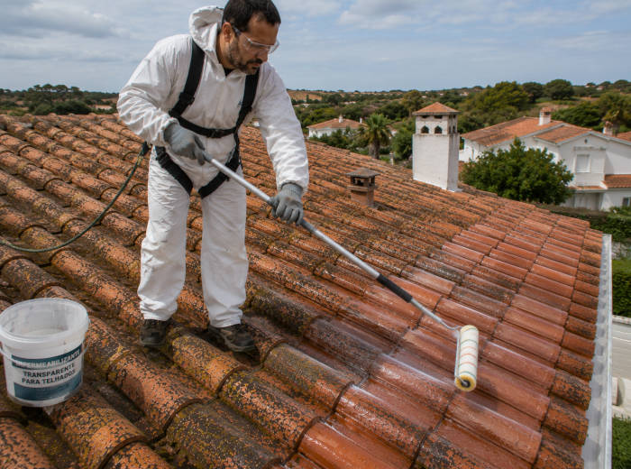 Trabalhador aplica solução impermeabilizante num telhado em Faro