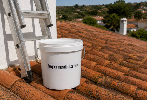 Caldeirão com solução impermeabilizante num telhado